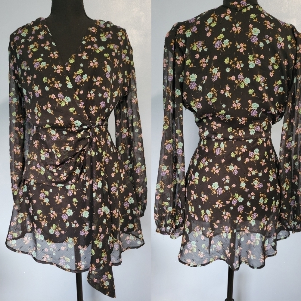 Zara Surplice Neck Floral Print Balloon Sleeve Mini Dress Black Size S
